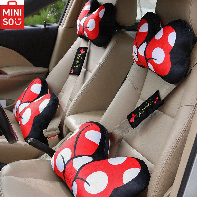 

MINISO Disney Minnie Car Bow Headrest Cartoon Minnie Waist Seat Belt Protective Cover Ladies Car Interior Decoration Ornaments