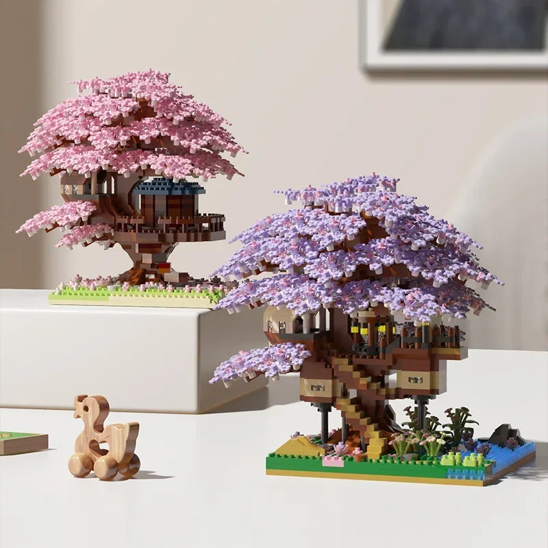 DIY Purple Romantic Cherry Blossom Flower Pink Tree House Train Assembly Building Blocks Classic Model Bricks Toys For Kids