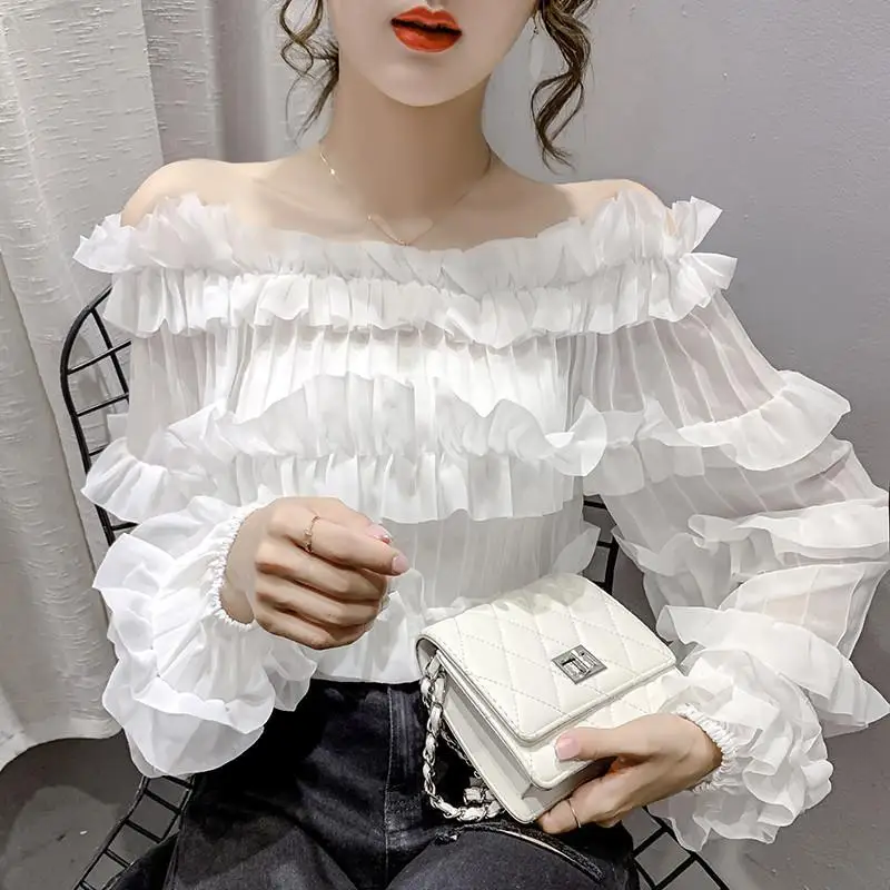 2023 Spring Summer New Fashion Sexy Off Shoulder Ruffle Elegant Chic Sweet Blouse Top Women Black White Slim Long Sleeve Shirts