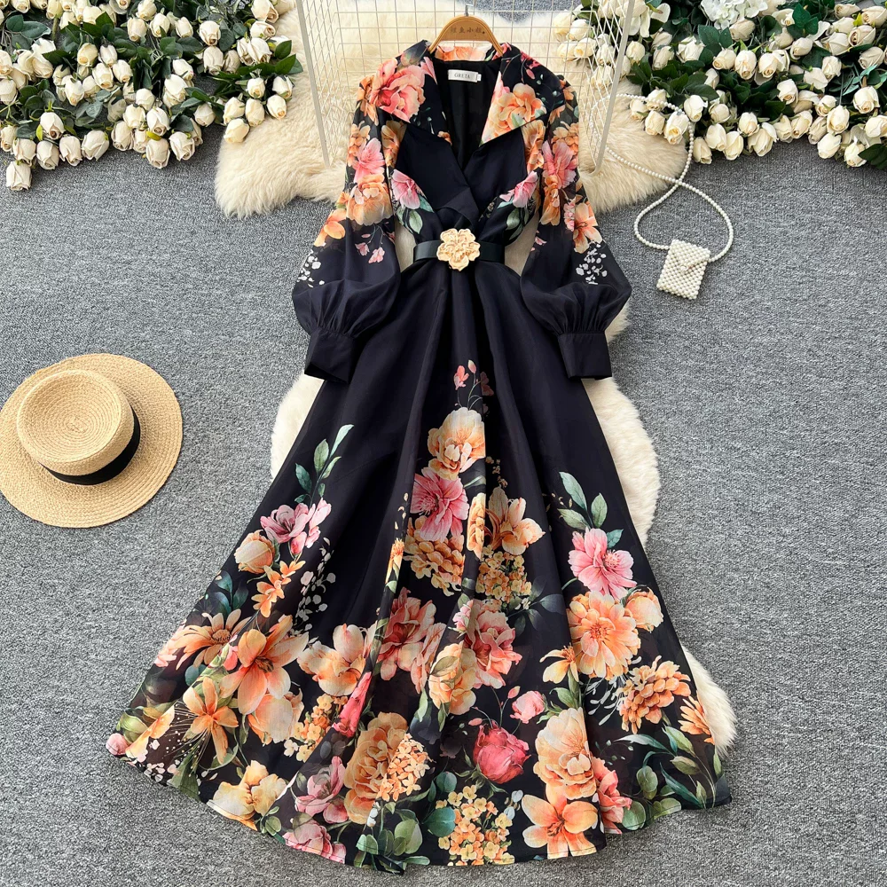 Elegante Vestido Largo de Gasa Vintage para Primavera, Estilo Boho, con Cuello con Muescas, Estampado Floral, Manga Farol y Cinturón, para Mujer