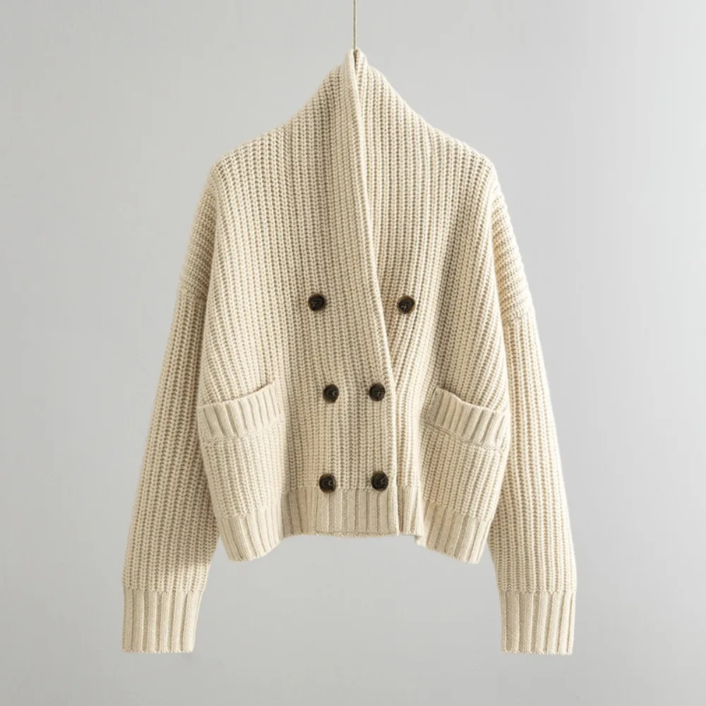 

French-style Knit Sweater Wool Double-breasted Turn-down Collar Cardigan for Women