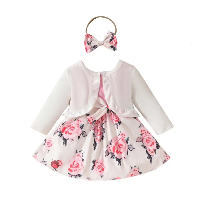 Autumn Toddler Baby Girl Clothes Skirt Sets Solid Color Long Sleeve Jacket Sleeveless Dress Hairband 3Pcs Sets 6 Months -3 Years