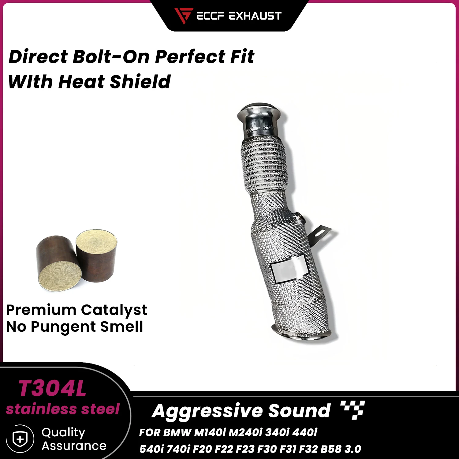 

Sporty Downpipe With Heat Shield For BMW G30 G38 540 2.0T 3.0T Aggressive Exhaust Sound High Flow Easy Installation