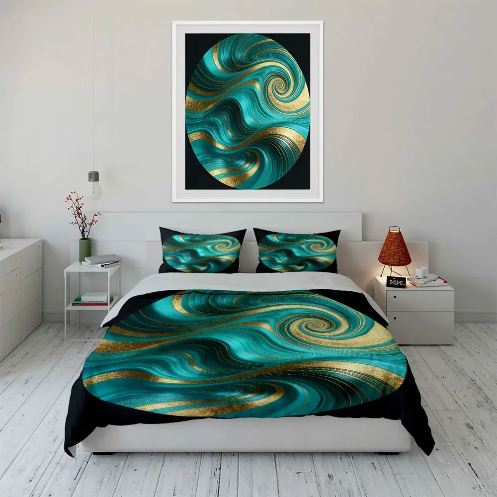 Elegant Turquoise Gold Decor Set Soft Comfortable Duvet Cover Bedding Set Included 1*Duvet Cover & 2*Pillowcases, gift