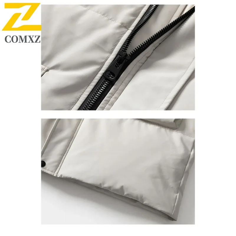COMXZ زوجين سترة منفوخة 2025 جديد كلاسيكي مقنع طويل سميكة سترة دافئة استكشاف في الهواء الطلق يندبروف معطف خفيف الوزن
