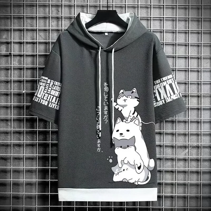 T Shirt for Men Hoodies Summer Sport Clothing Cat Casual T-shirt Harajuku Streetwear Print Hooded Top Short Sleeve Sweatshirts