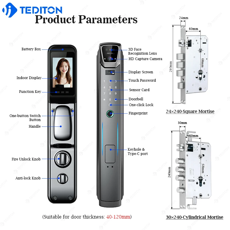 

TEDITON Tuya Face Recognition Smart Door Lock with Camera - Fingerprint & APP Control Digital Electronic Gate Lock for Front Doo