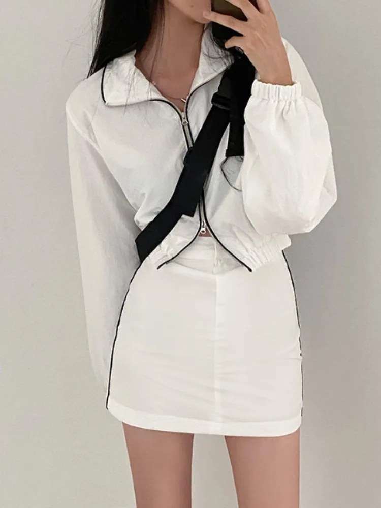 

Chic Autumnal Double Zipper Long Sve Jaet High Waist Embellied Hem Skirt Set Faionable Ladies' Ensemble Two-Piece Suit