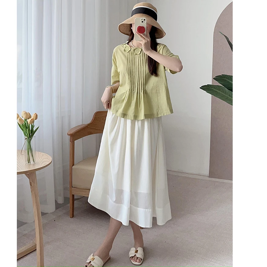 Csa Fena Casual de Verão com Manga Curta e Estilo Solto, Bordado Floral Cortado a Laser, Ombro com Pregas, Top Casual ...