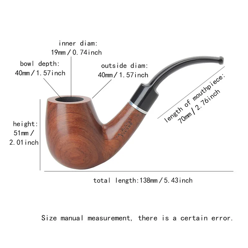 MUXIANG Importe Rosewood Classic Smoking Pipe 3/9mm Filter Bent Tobacco Pipe Gold Ring Wood Pipe with Smoke Pipe clean Accessory