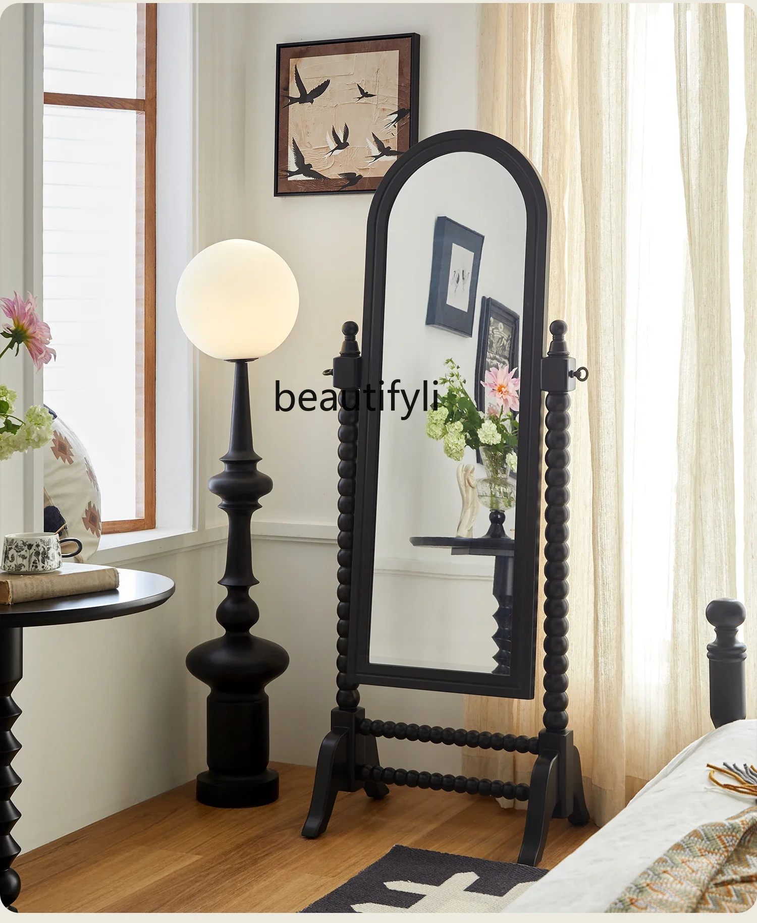 

French Retro Bedroom Dressing Mirror Cloakroom Home Wall-Mounted Floor Mirror Solid Wood Full-Length Mirror
