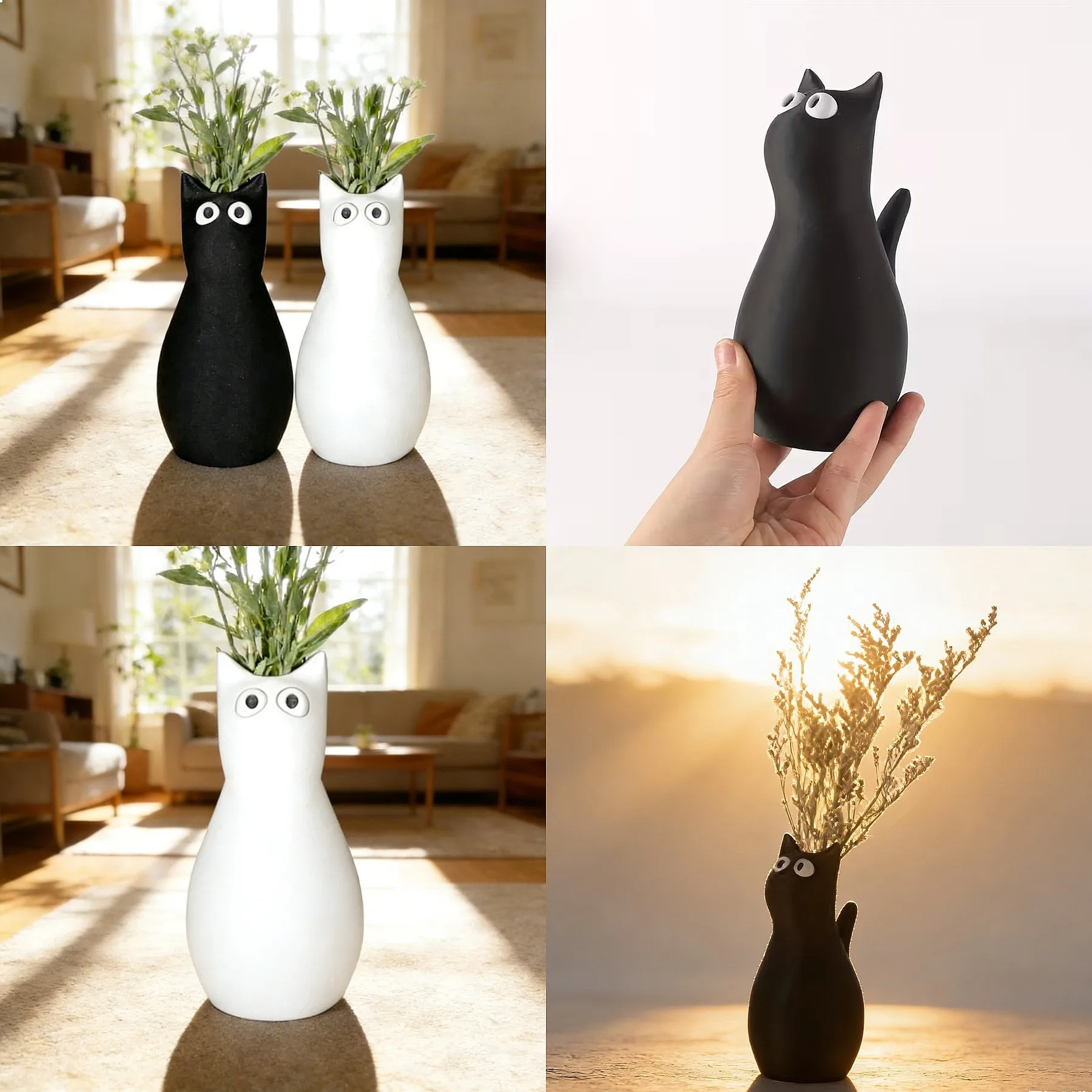 A Cute Cat-Shaped Plastic Vase, with a Sleek Black 'Body' And Playful Big Eyes, Adds a Lively And Interesting Touch to Your Tabl