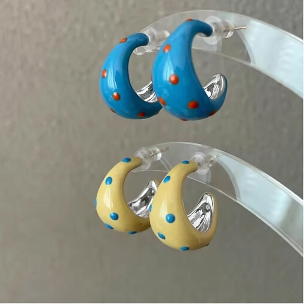 Sweet Colorful Polka Dot Enamel Geometric C-Shaped Hoop Earrings for Women Minimalist Korean Style Fashion Design Party Jewelry image 6