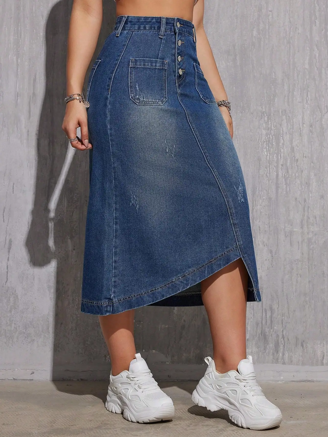 

Women's High-Waisted Asymmetrical Distressed Denim Midi Skirt