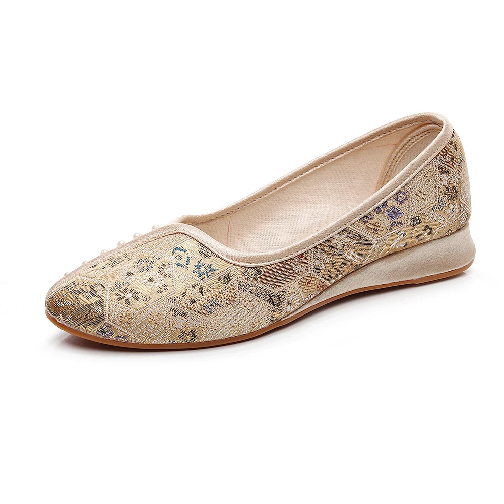 Veowalk Vintage Chinese Style Women Pearl Embroidered Fabric Pointy Toe Flats Ladies Casual Cotton Flower Comfortable Soft Shoes