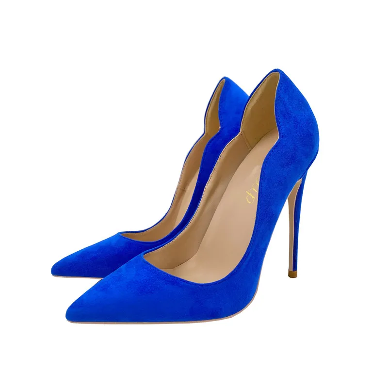 Keshangjia Blue Women Curl Cut Flock Pointy Toe High Heel Shoes 8cm 10cm 12cm Elegant Faux Suede Stiletto  33-45