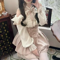 2025 Conjuntos de Falda corta Kawaii japonesa con volantes y hombros descubiertos, vestido camisero con lazo, Faldas Y2k, minifaldas estéticas, conjunto completo de Lolita