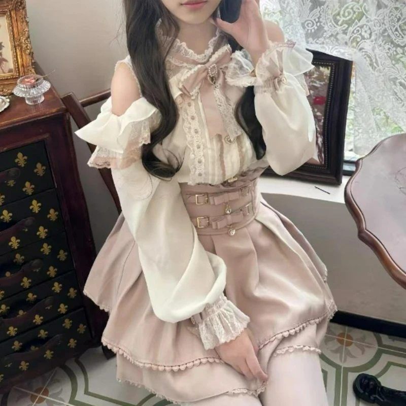 2026 Japanese Kawaii Short Skirt Sets Sweet Ruffles Off Shoulder Bow Shirt Gown Faldas Y2k Aesthetic Mini Skirts Lolita Full Set