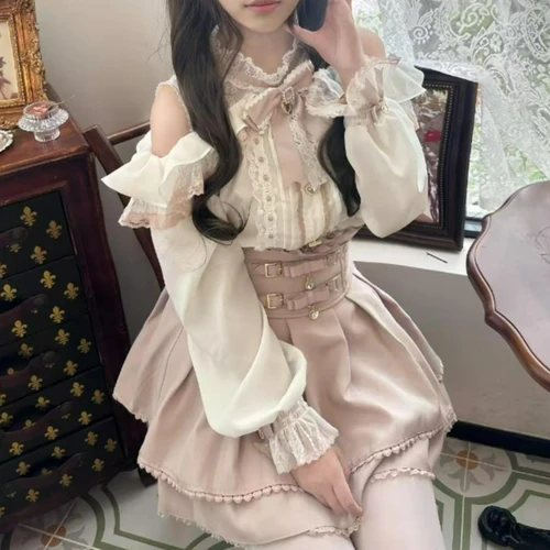 2025 Conjuntos de Falda corta Kawaii japonesa con volantes y hombros descubiertos, vestido camisero con lazo, Faldas Y2k, minifaldas estéticas, conjunto completo de Lolita
