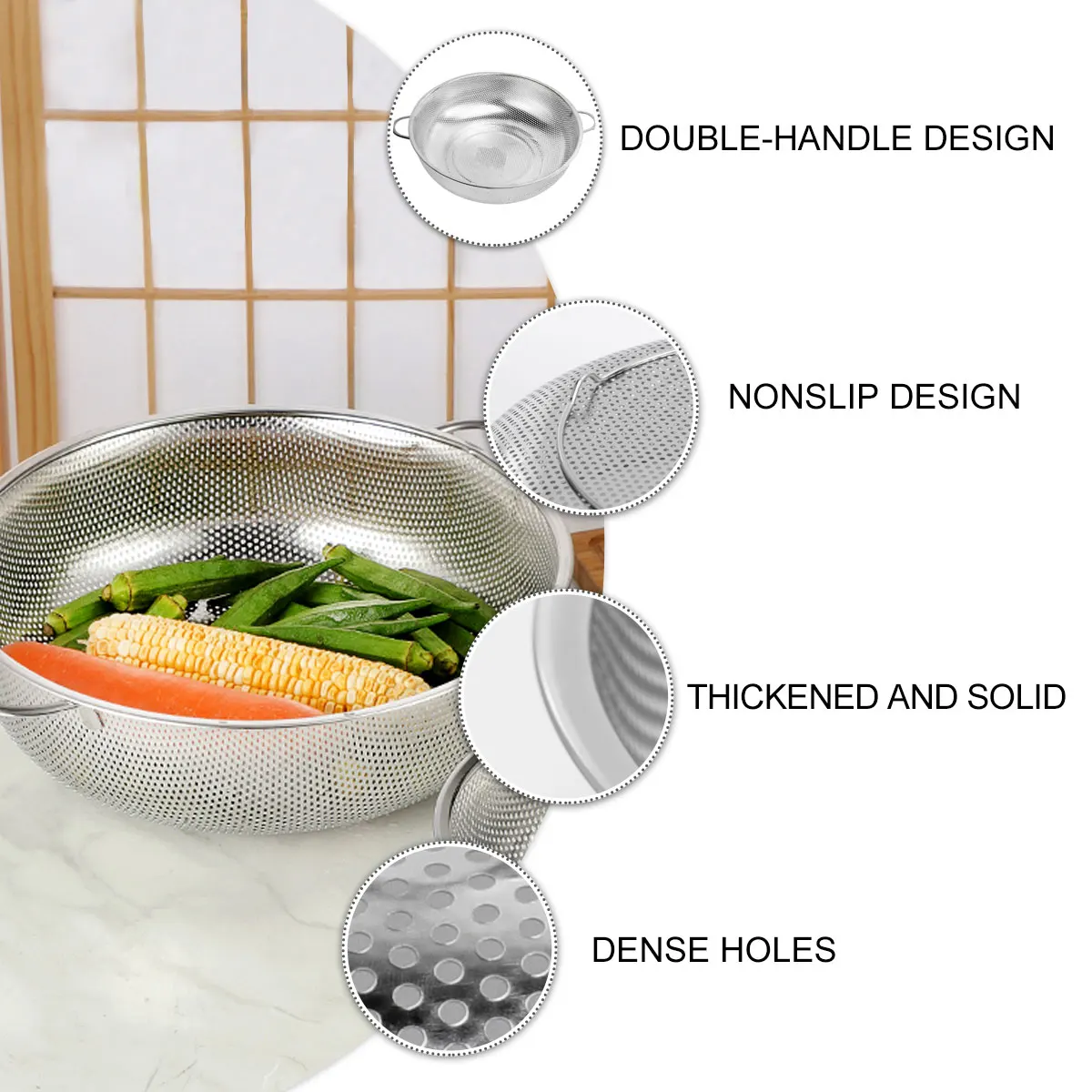 

Fruit Vegetable Stainless Steel Kitchen Sieve Drain Fruit Vegetable Basket Storage Strainer Bowl Washing Container