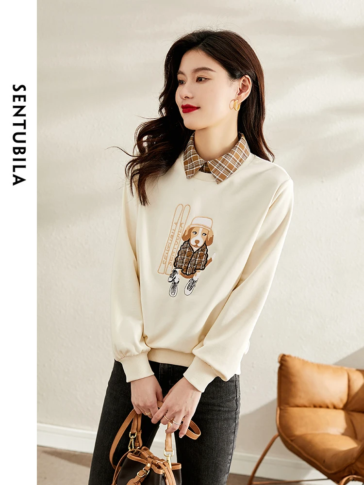 SENTUBILA 2 in 1 Cute Cotton Sweatshirts for Women Spring Autumn Casaul Long Sleeve Tops Straight Pullovers Clothing 113A38007