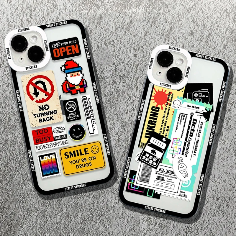 Fashion Stickers Labels Phone Case For iPhone 14 13 12 11 Pro Max Mini X XS XR SE 7 8 Plus Covers Collage Fundas Soft Bags