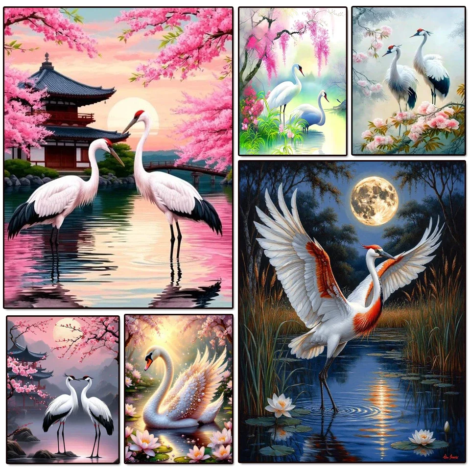 2026 New 5D Diamond Painting Red-Crowned Crane Scenery Full Round Mosaic Embroidery Cherry Blossom Moon Wall Art Bird Decor
