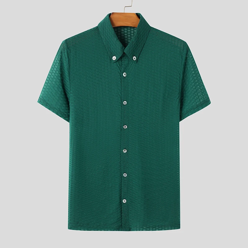 INCERUN الرجال قميص التلبيب كم قصير لامعة ملابس الرجال غير رسمية الشارع الشهير الصيف موضة الترفيه حفلة الذكور قمصان قمصان 2026