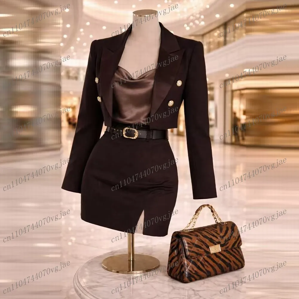 Dark Brown Formal New Blazer And Skirt Women Suits Lady Business Tuxedos Mother Wedding Party Ladies 2 Piece Set Jacket Skirt