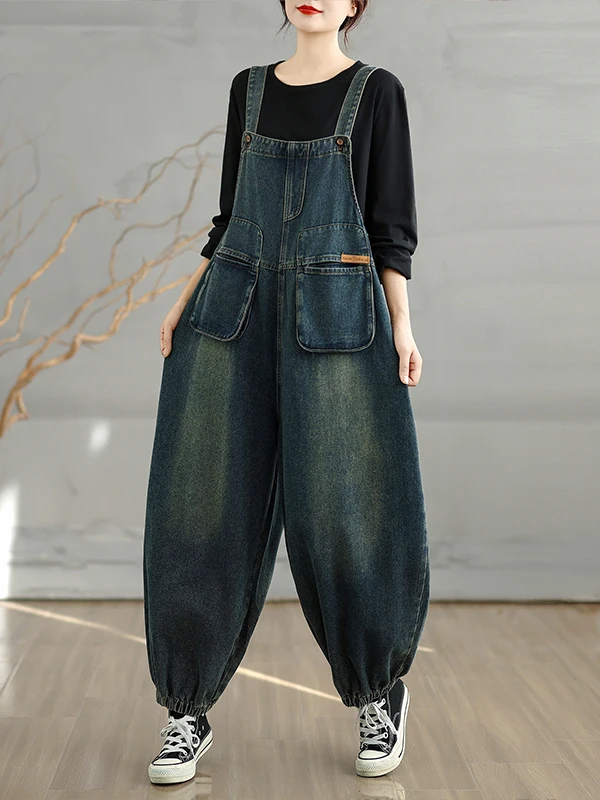 

Casual Large Size Lantern Wide Leg Denim Overalls Women's 2025 Autumn New Sle plus Size MM Overalls Cotton Polyester Blend