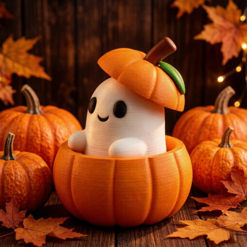 Cute Resin Ghost in Pumpkin Jar Figurine, Removable Pumpkin Lid Ghost Statue for Halloween Fall Autumn Desk Tiered Tray Tabletop