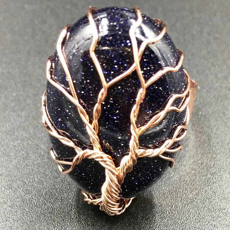 شجرة الحياة الأزرق الرمال أوبال غولدستون افينتورين كريستال عين النمور النساء الرجال الفن مستطيل حبة الدائري 7 ~ 12 "ضبط حجم PWB703