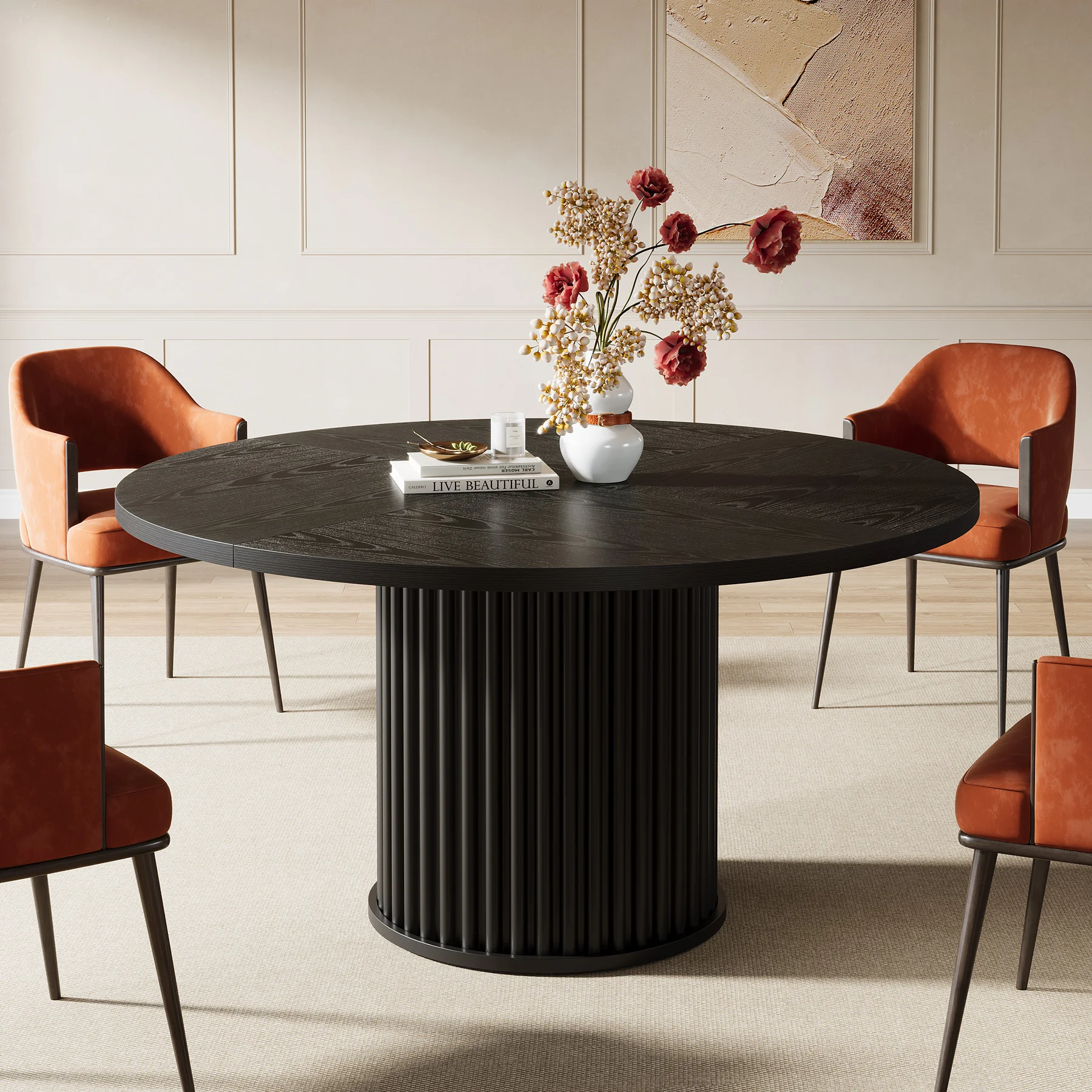 Tavolo da pranzo rotondo nero Tribesigns per 4-6 persone, tavolo da cucina circolare da 47,24 pollici con robusta MDF scanalato + base in metallo