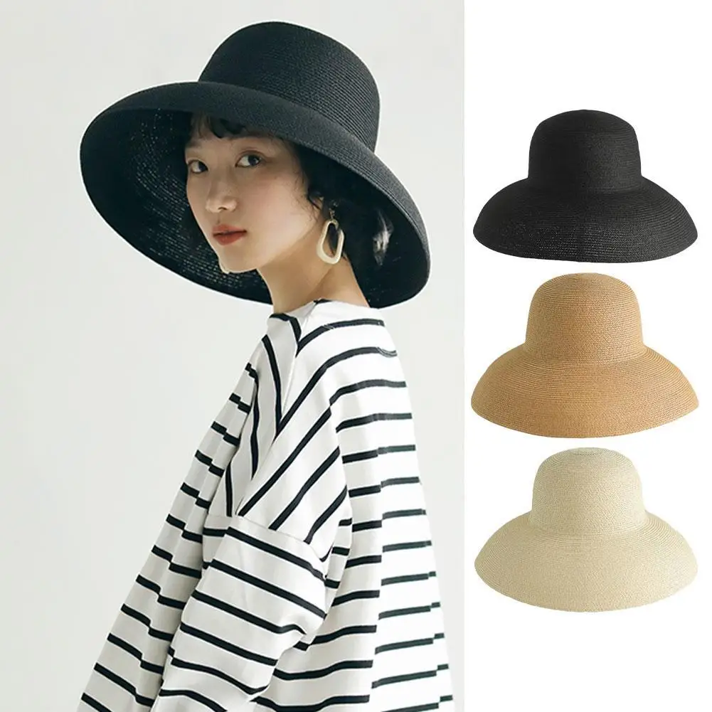 Cappello di paglia a tesa larga stile Hepburn francese cappello da sole estivo fatto a mano da donna grande grondaia Beach Fold cappello da