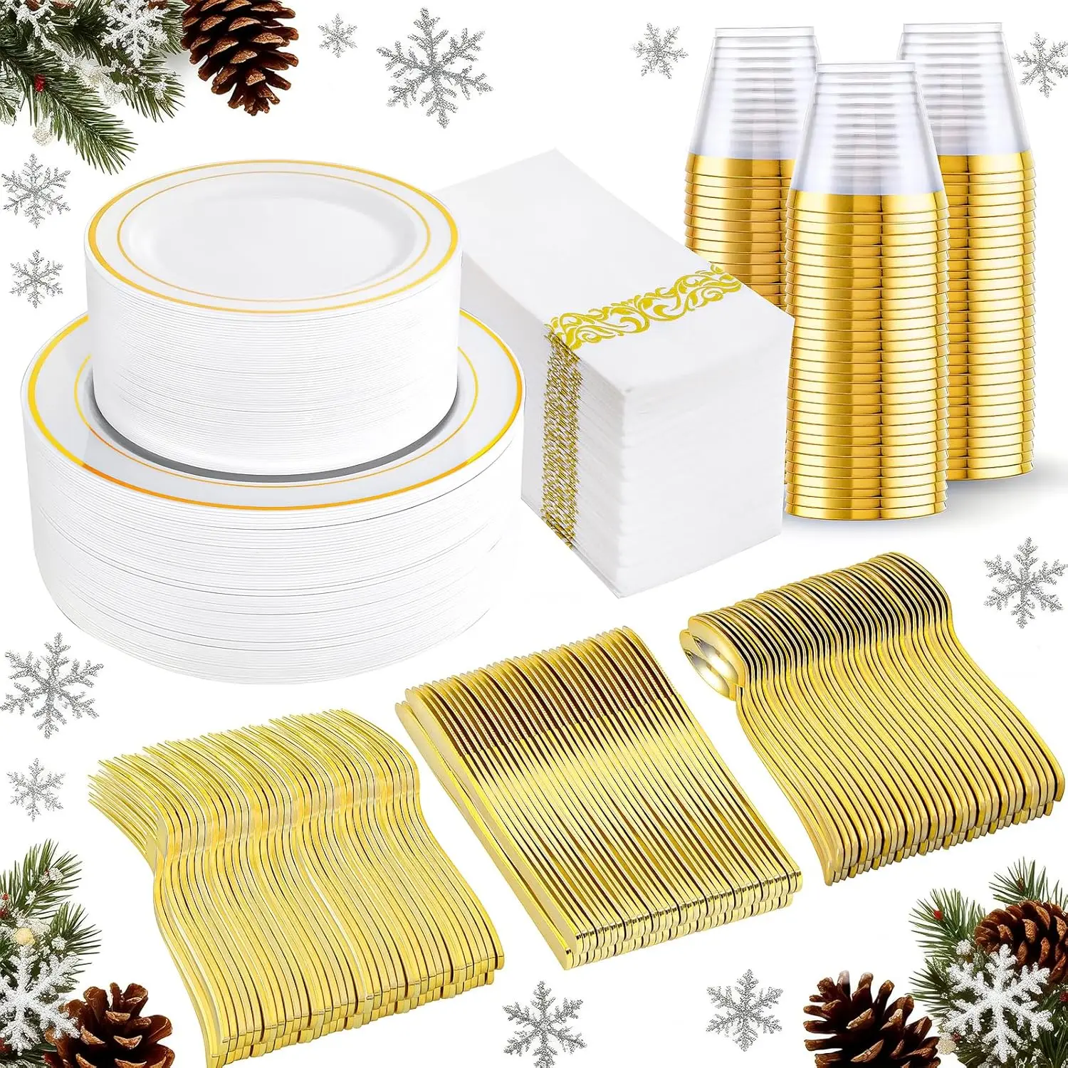 

350Pcs Gold Dinnerware Set for 50 Guests, Includes Plates, Napkins, Cups & Silverware for Party & Wedding