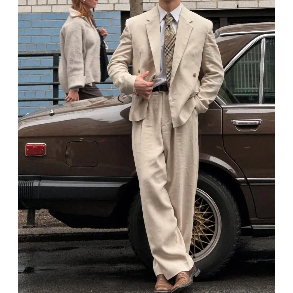 

Mens Double Breasted Two Piece Suit Set Notch Lapel Slim Fit Comfort Casual Fashion Party Wedding Blazer with Trousers Set