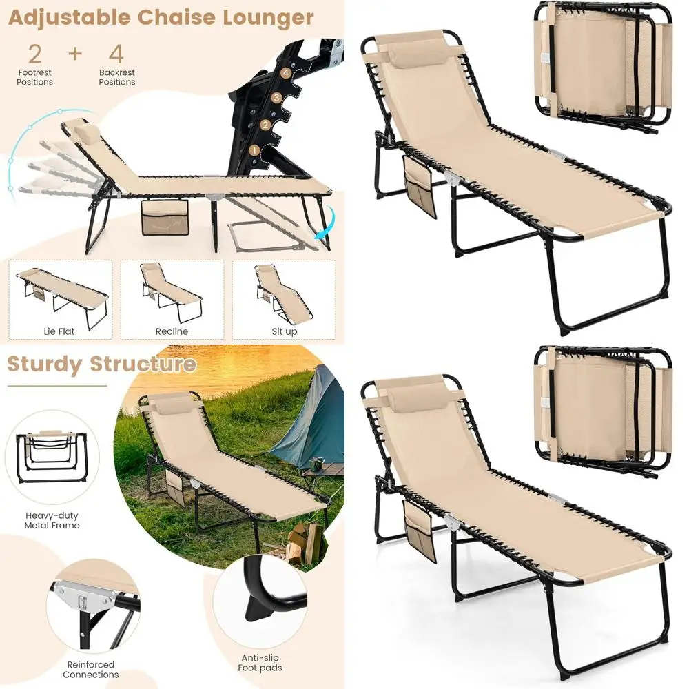Beach Lounge Chair for Outside, Folding Chaise Lounge Outdoor with 4-Position Backrest, Removable Headrest and Side Pocket, Port