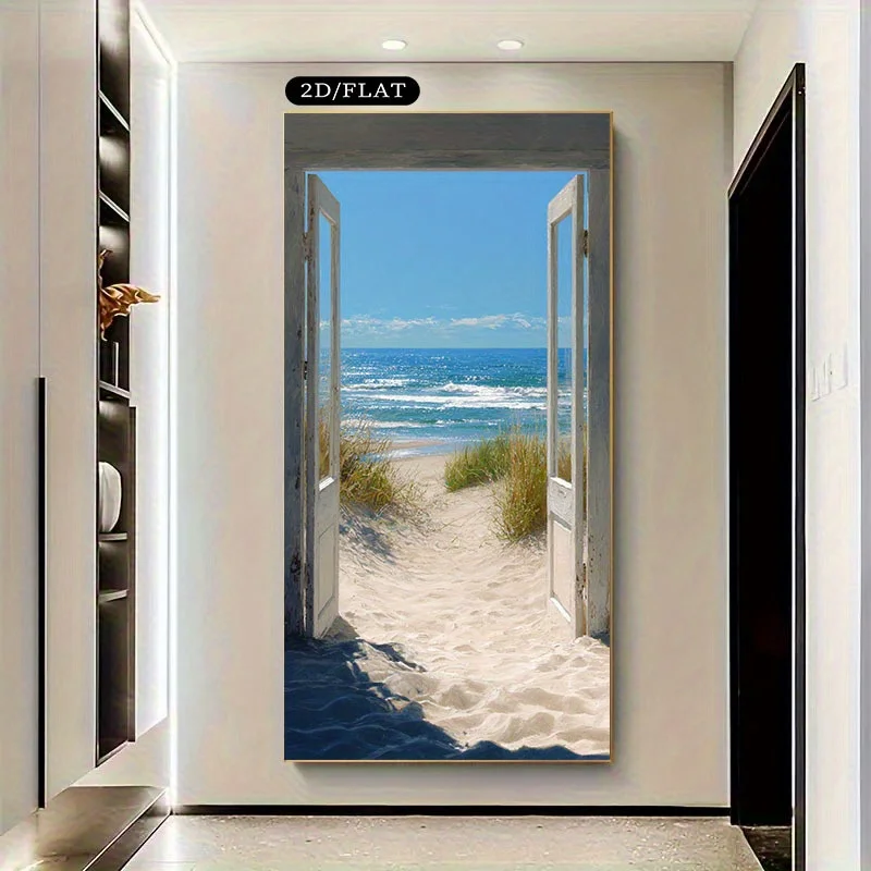 1pc frameless Canvas Painting 2D/Flat Extra Large Modern Coastal Beach Canvas Wall Art Unframed Realistic Ocean View & Open Door