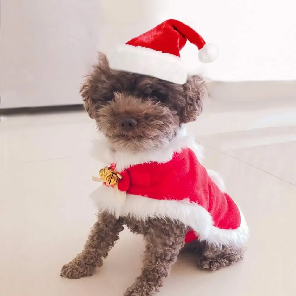 ATUBAN Pet Christmas Costume Cat Santa Outfit Small Dog Xmas Hat with Cloak Set Cat New Year Apparel Cosplay Supplies Head Wear