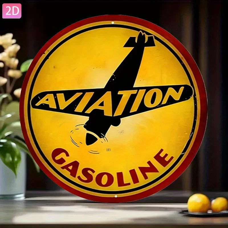 Vintage 8 Inch Red Black Aviation Gas Sign, Circular Metal Wall Decor, Hanging Plaque for Garage, Bar, Cafe & Home Room