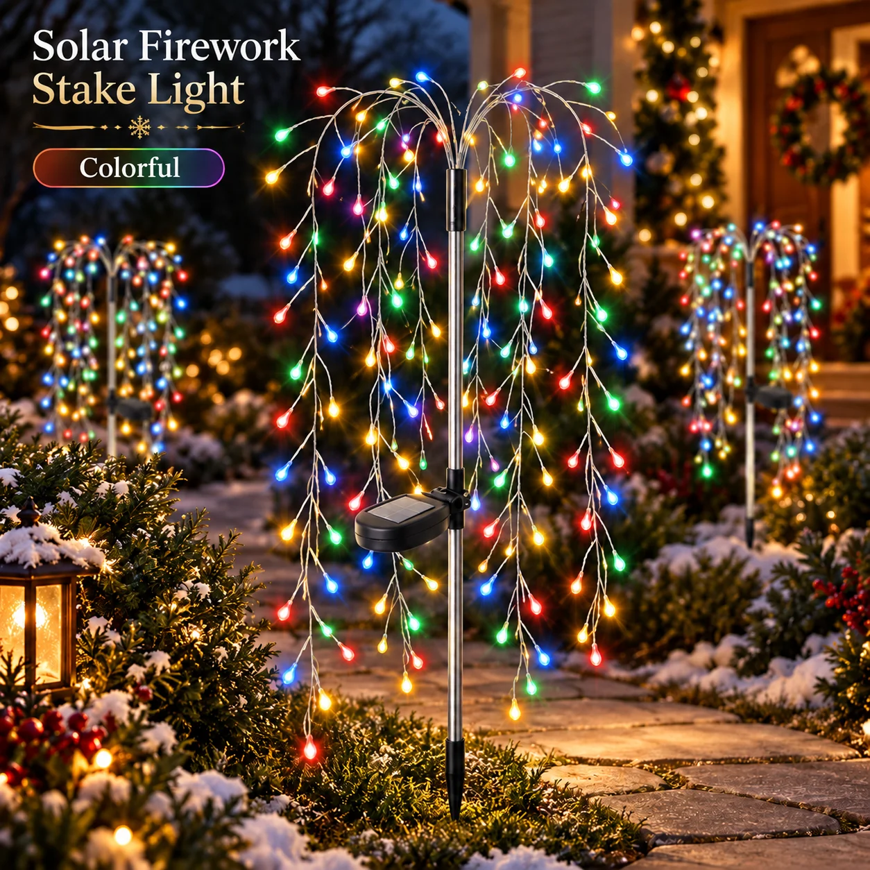 Christmas Firecracker Stake Lights Solar Powered Warm White Multicolor Auto On for Garden Pathway Yard Lawn Patio Party Decor