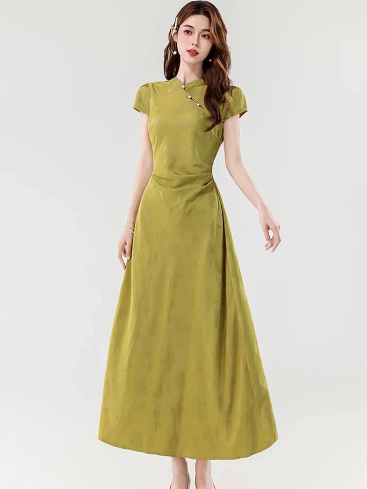 サマーグリーンジャカードサテンスタンドカラーロングドレス レディース 韓国風ラグジュアリーボディコンラッフルプロムドレス 2025 ヴィンテージエレガントドレス
