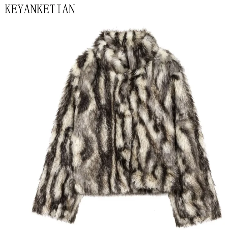 

KEYANKETIAN Autumn And Winter New Women's Clothing Hidden Button Animal Pattern Artificial Fur Plush Coat Women Jacket Coat