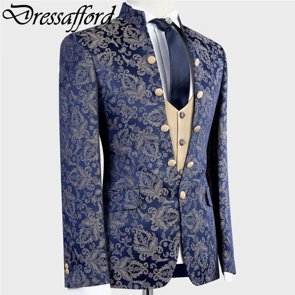 Royal Blue Three Pieces Printing Men Suits Gorgeous Formal Party Blazer Groom Wear ( Jacket + Vest + Pants )