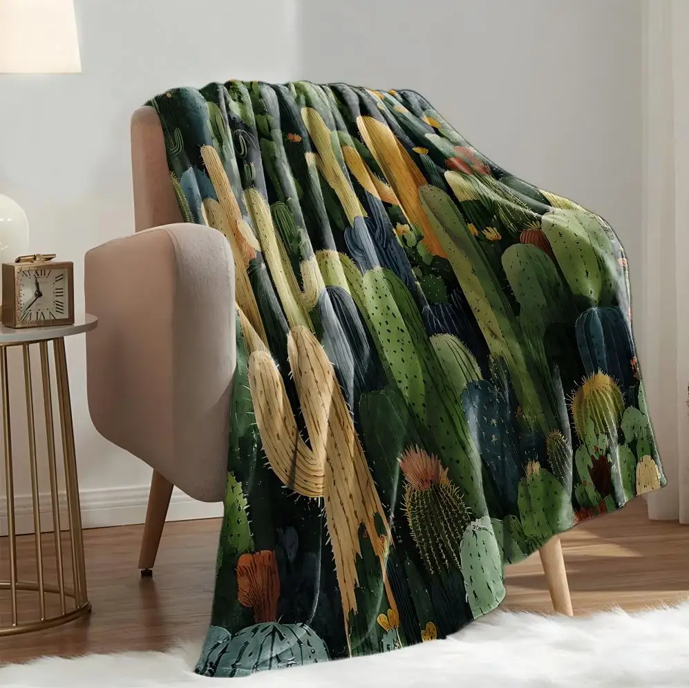 1PC Throw Cactuses Flowers Animals Pattern Flannel Blanket Thin Throw Soft Warm Light Blankets Festival Gifts for Family Friends