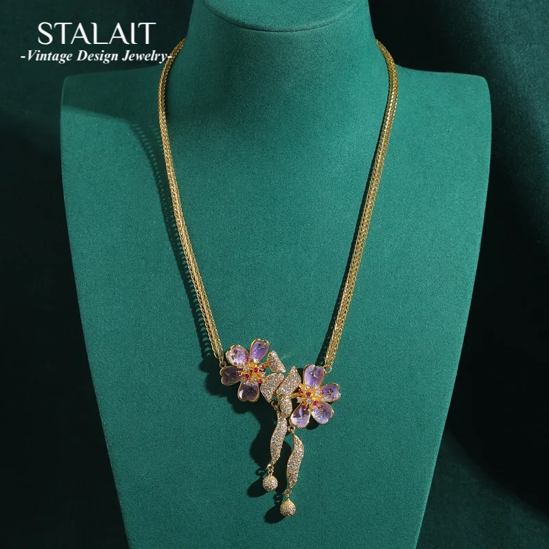 

Vintage Purple Butterfly Necklace Enamel Orchid Flower Rhinestone Pendant Accessories For Women Luxury Designer Jewelry 2025 New