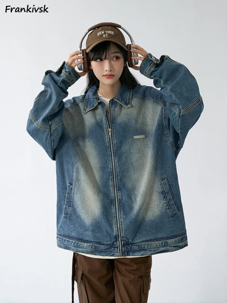 Denim Jackets Women Washed Retro Sequined Design Chic Loose Blocking Korean Style High Street Cool Girls Daily Fashion Zip Up