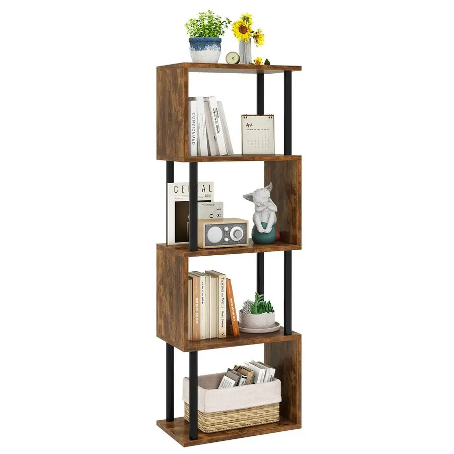 

5Tier Tall Bookshelf,SShaped Geometric Bookcase, Wood Display Shelves with Storage,Industrial Bookshelf for Living Room Bedroom,