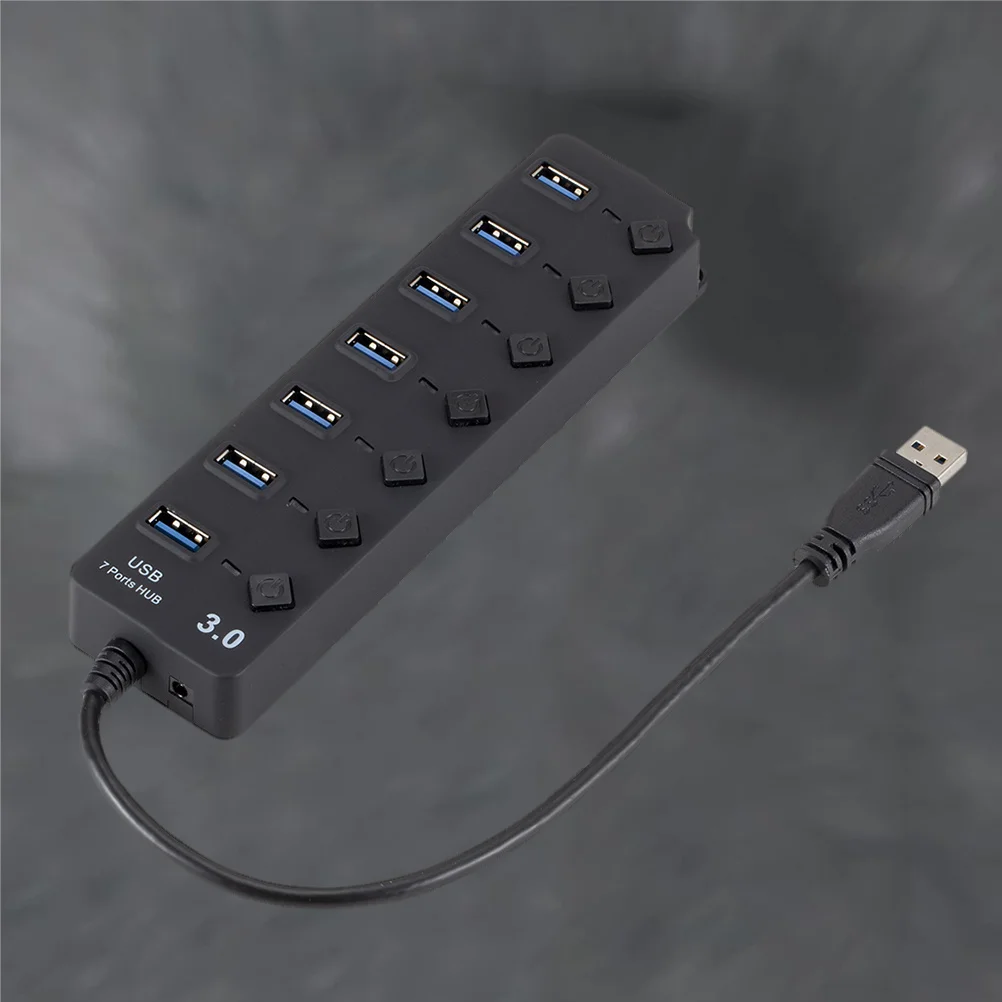 Hub 7 puertos Usb 3.0 Divisor de velocidad de puerto USB alto con interruptores individuales para computadora portátil Pc Tablet Teléfono Negro