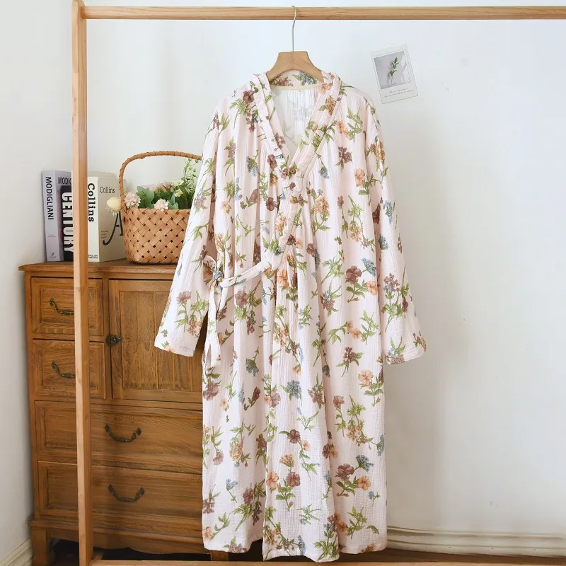 Women 100% Cotton Floral Robe V Neck Wrap Long Sleeve Adjustable Belt Vintage Wildflower Print Loungewear Bathrobe for Spring